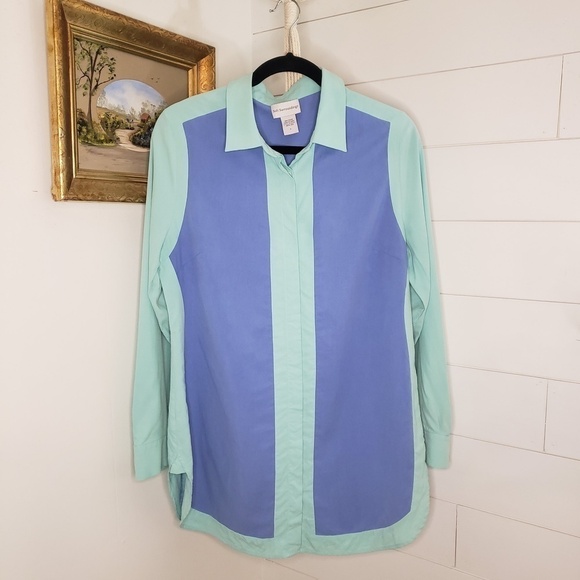 Soft Surroundings Mint Blue Colorblock Silk Tunic Button Up Blouse Top Medium - Picture 1 of 4